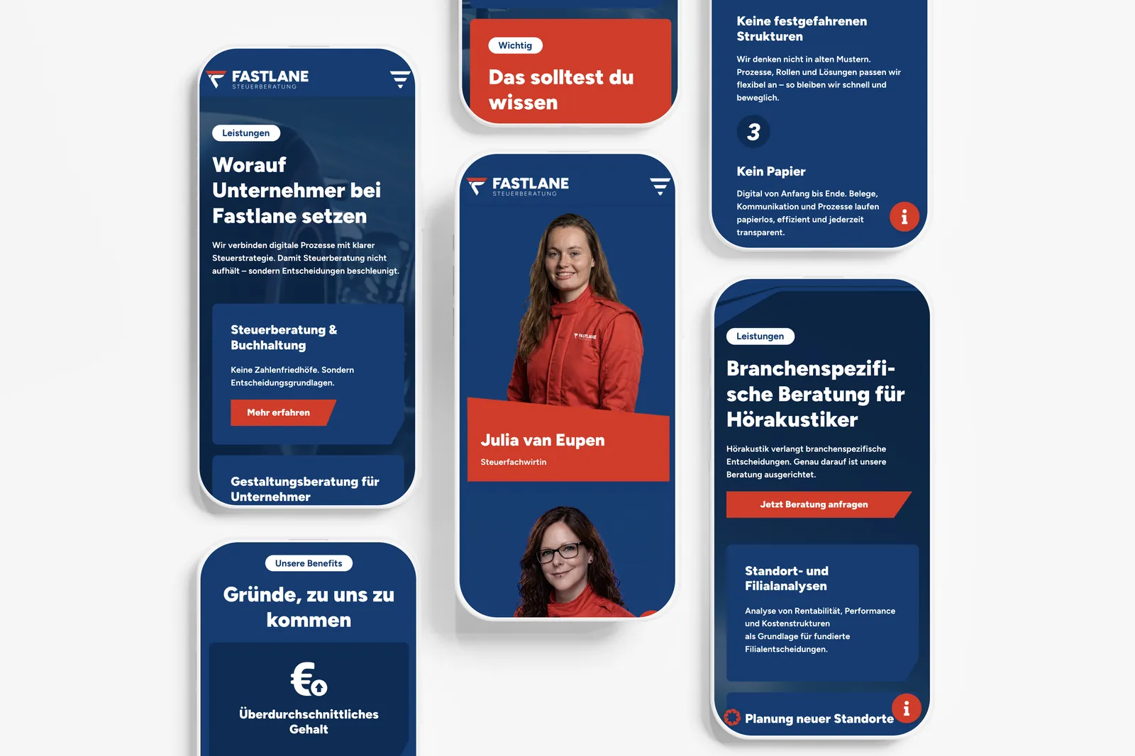 Mobil gedacht, mit Gesicht. – Website von Fastlane Steuerberatung – Markenauftritt & Website