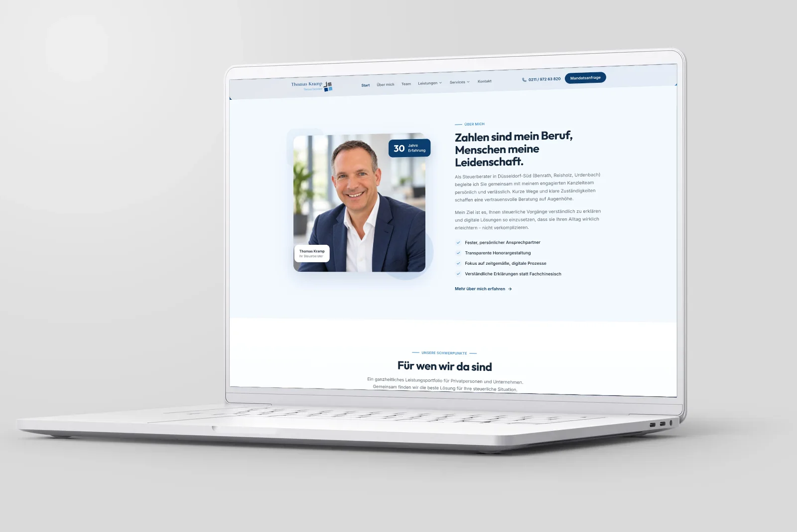 Website-Referenz Thomas Kramp – Steuerberatung in Düsseldorf – umgesetzt von Die Kanzlei Entwickler
