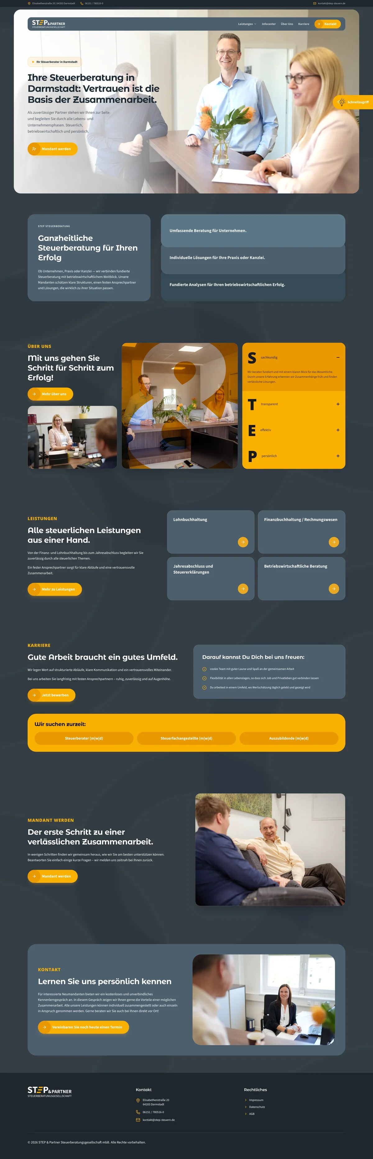 Vollständiger Webauftritt von STEP & Partner – Steuerberatung in Darmstadt – umgesetzt von Die Kanzlei Entwickler